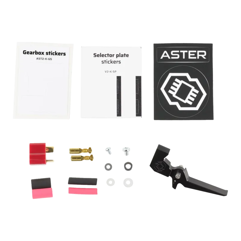 Contenu du Gate Aster V2 SX : détente Quantum, connecteur T-Deans, vis et autocollants