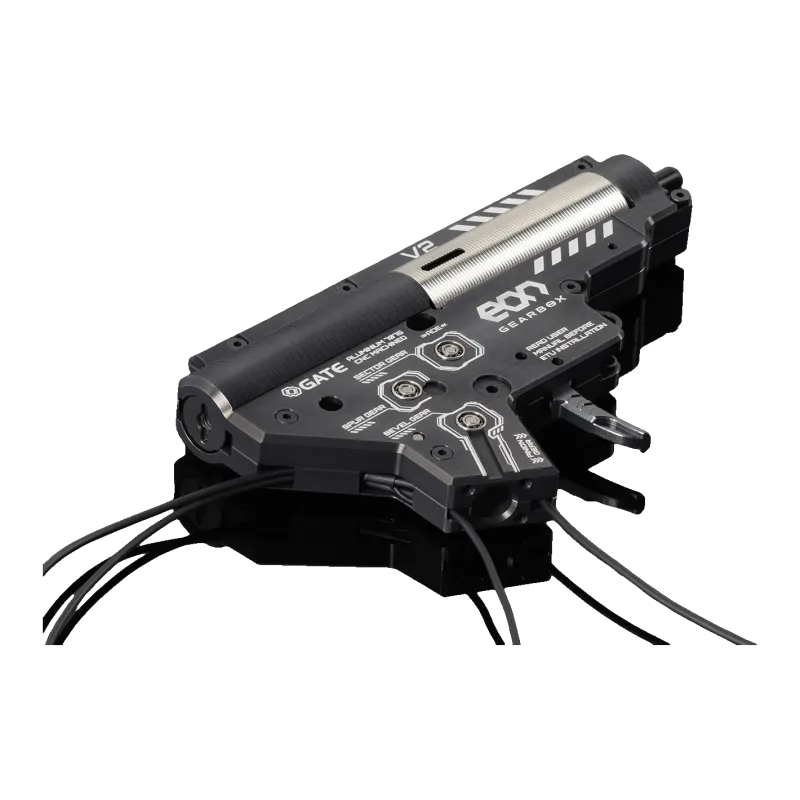 Gearbox Gate EON V2 en aluminium CNC, vue en perspective avec le cylindre inox et les roulements