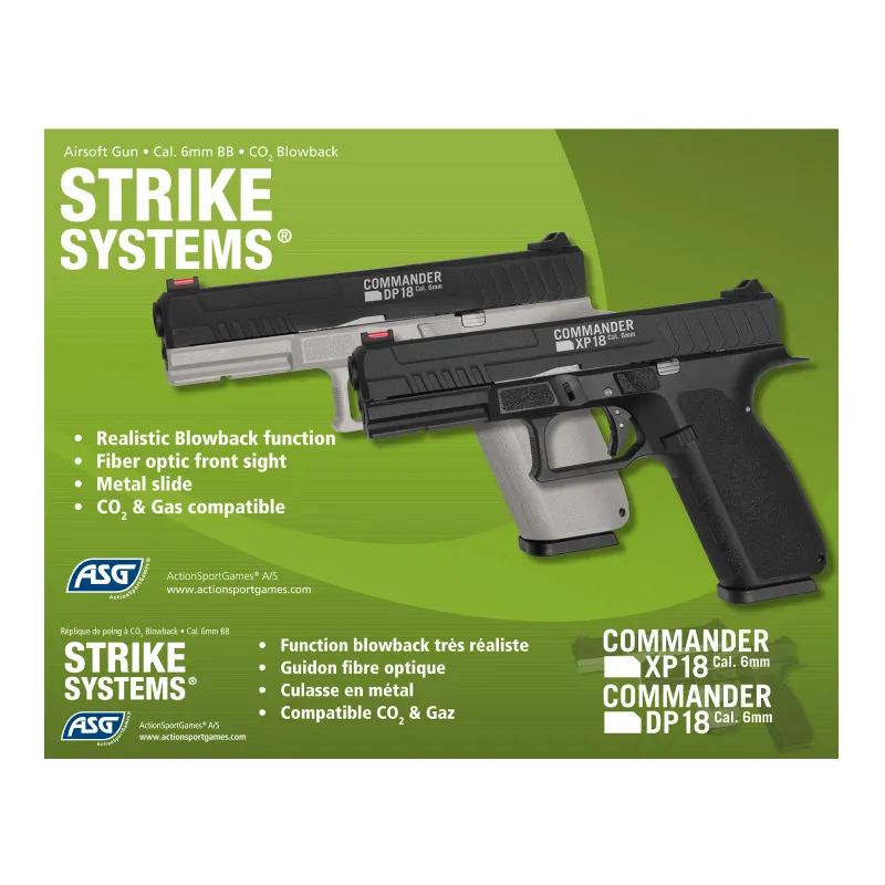 Visuel officiel ASG Strike Systems : pistolets CO2 Commander XP18 noir et DP18 gris