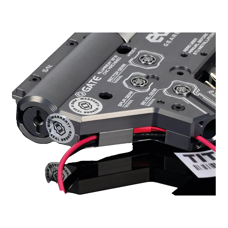 Gros plan sur l'arrière de la gearbox Gate EON V2 et ses scellés