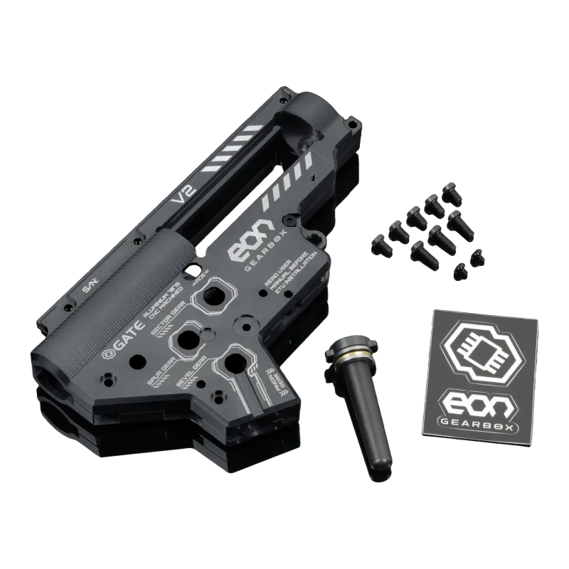 Contenu de la gearbox Gate EON V2 titane : coque, vis, guide-ressort QSC et carte