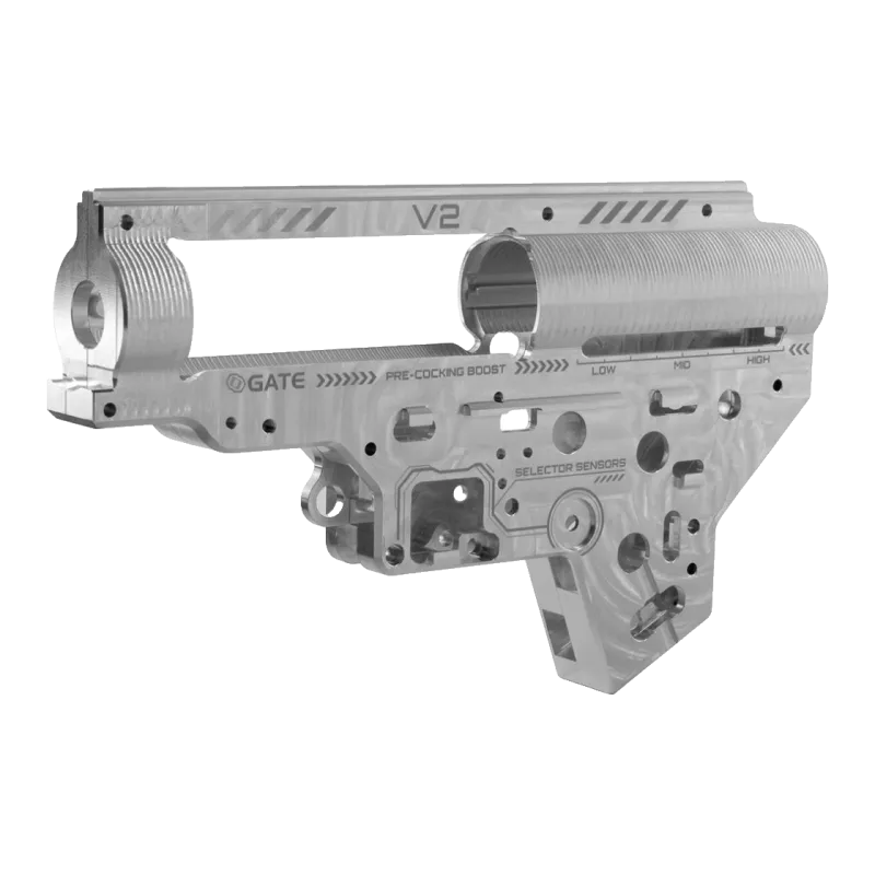 Coque de gearbox Gate EON V2 rev.2 argent, vue du côté gauche avec fenêtre de pré-armement