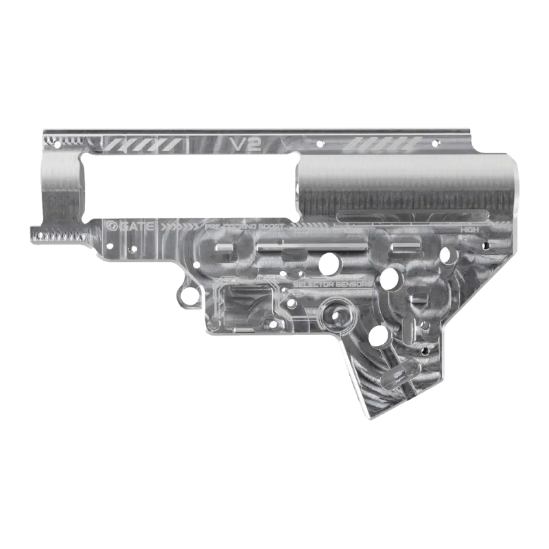 Coque de gearbox Gate EON V2 argent, côté gauche à plat avec repères de sélecteur