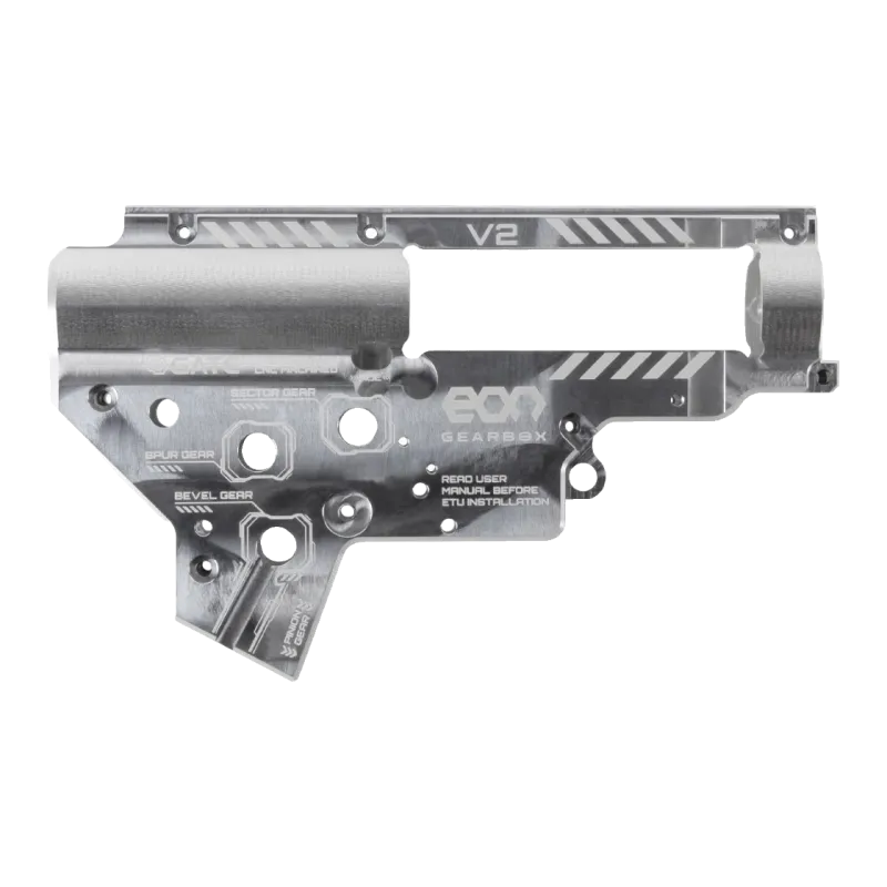 Coque de gearbox Gate EON V2 argent, côté droit à plat avec repères des pignons