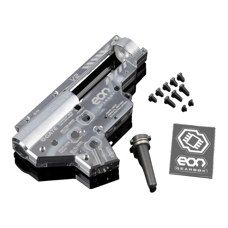 Contenu de la gearbox Gate EON V2 argent : coque, vis, guide-ressort QSC et carte