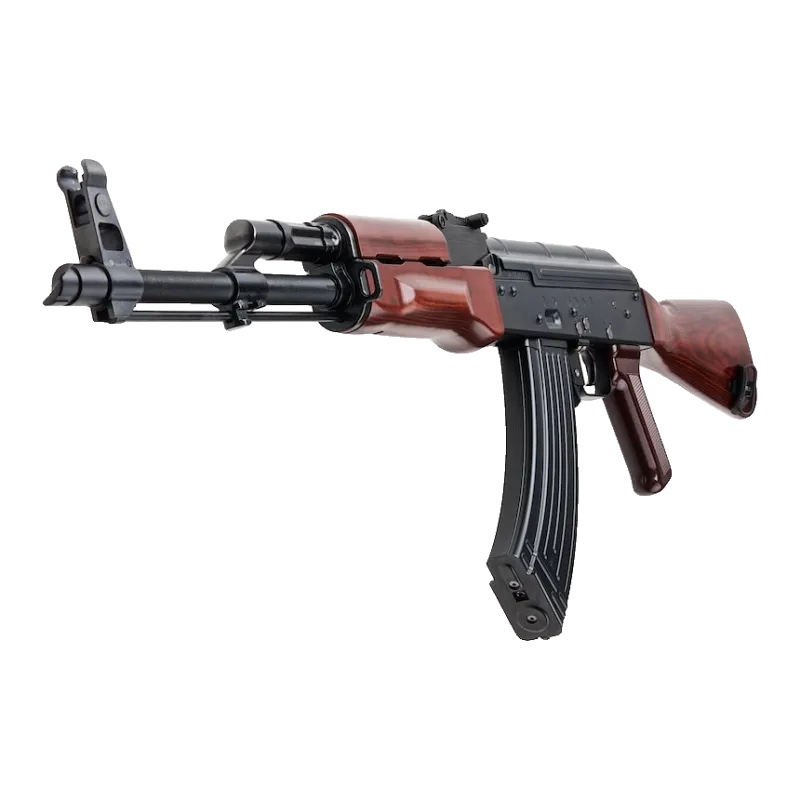 Réplique Tokyo Marui AKM GBBR, vue de trois quarts avant, chargeur banane 35 billes