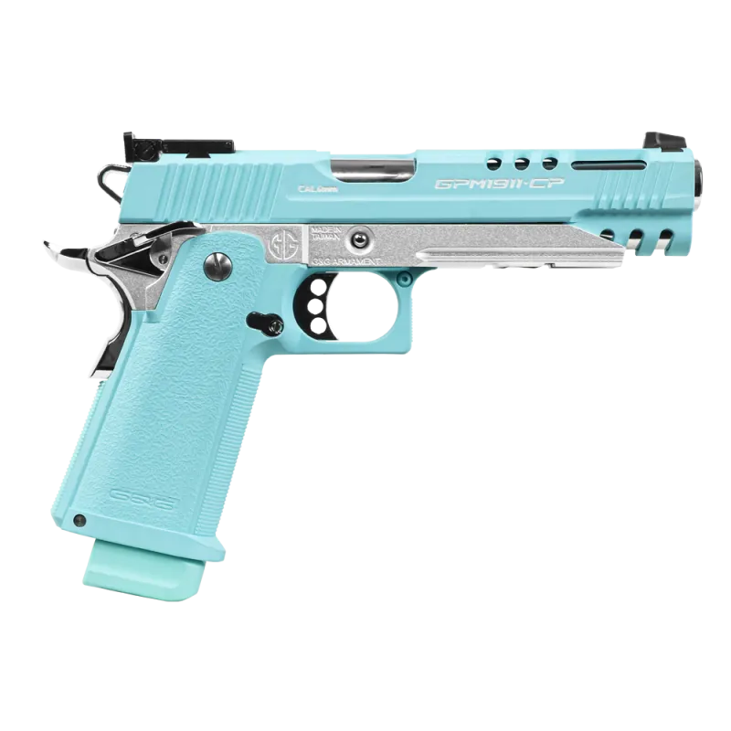 Pistolet G&G GPM1911 CP Macaron Blue, vue de côté droit avec marquage GPM1911-CP
