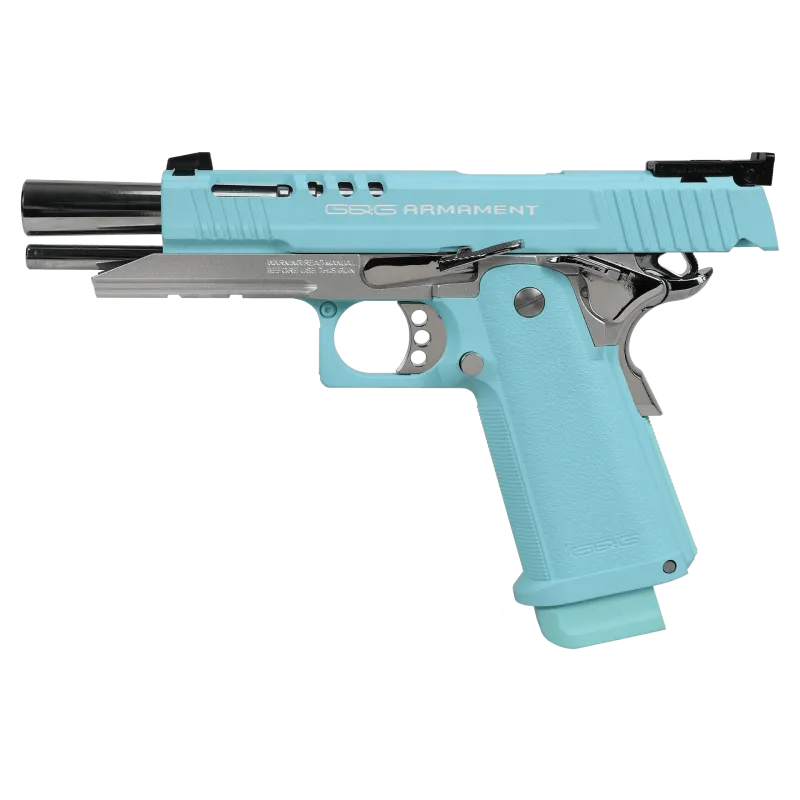 G&G GPM1911 CP Macaron Blue, culasse reculée, canon chromé visible