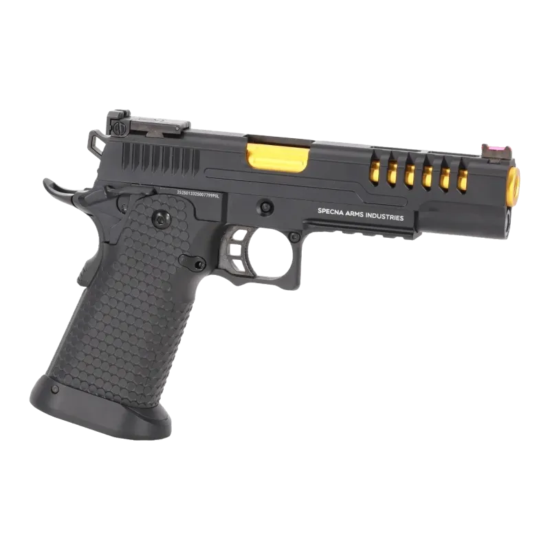 Pistolet GBB Specna Arms SA-VGP25 Vapor noir et or, vue de profil droit avec canon doré