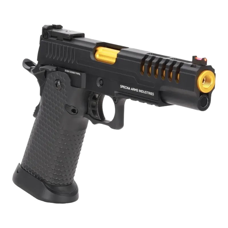 Pistolet GBB Specna Arms SA-VGP25 Vapor noir et or, vue de profil droit avec marquage Specna Arms Industries