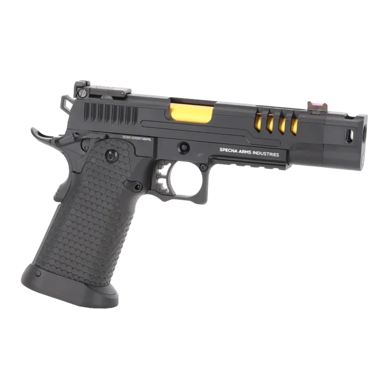 Pistolet GBB Specna Arms SA-VGP23 Vapor noir et or, trois-quarts avant côté droit avec compensateur