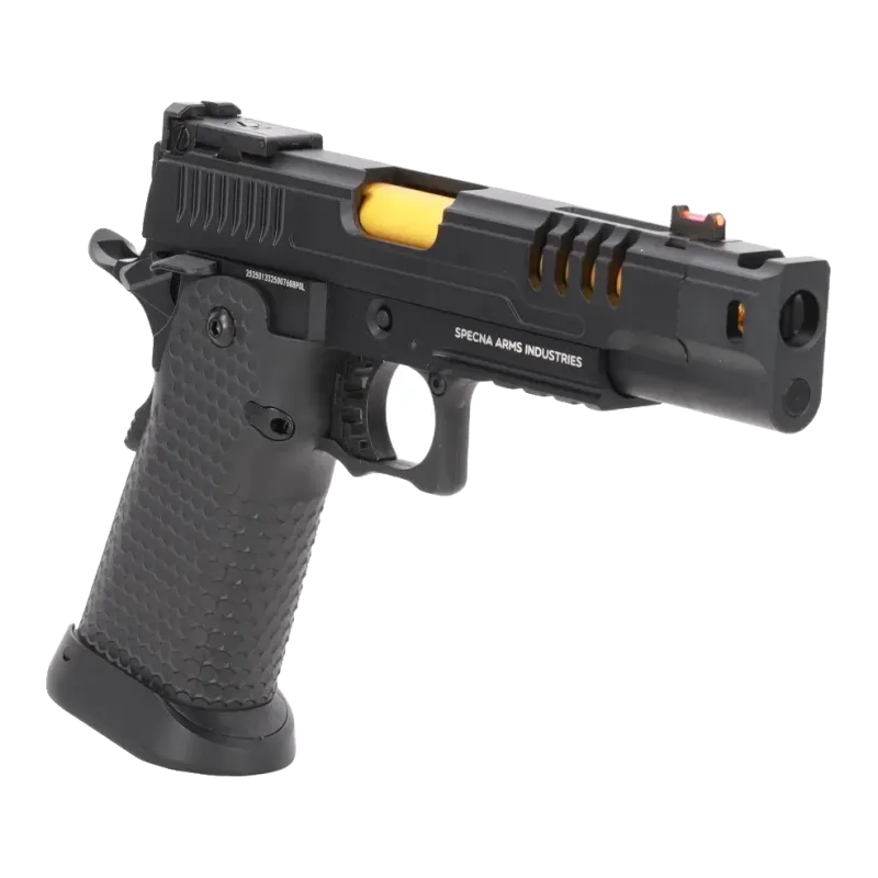Pistolet GBB Specna Arms SA-VGP23 Vapor, détail du canon doré et du compensateur, côté droit