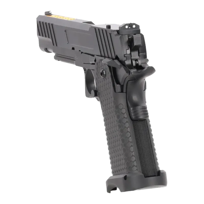 Pistolet GBB Specna Arms SA-VGP19 Vapor, vue arrière avec hausse et poignée alvéolée
