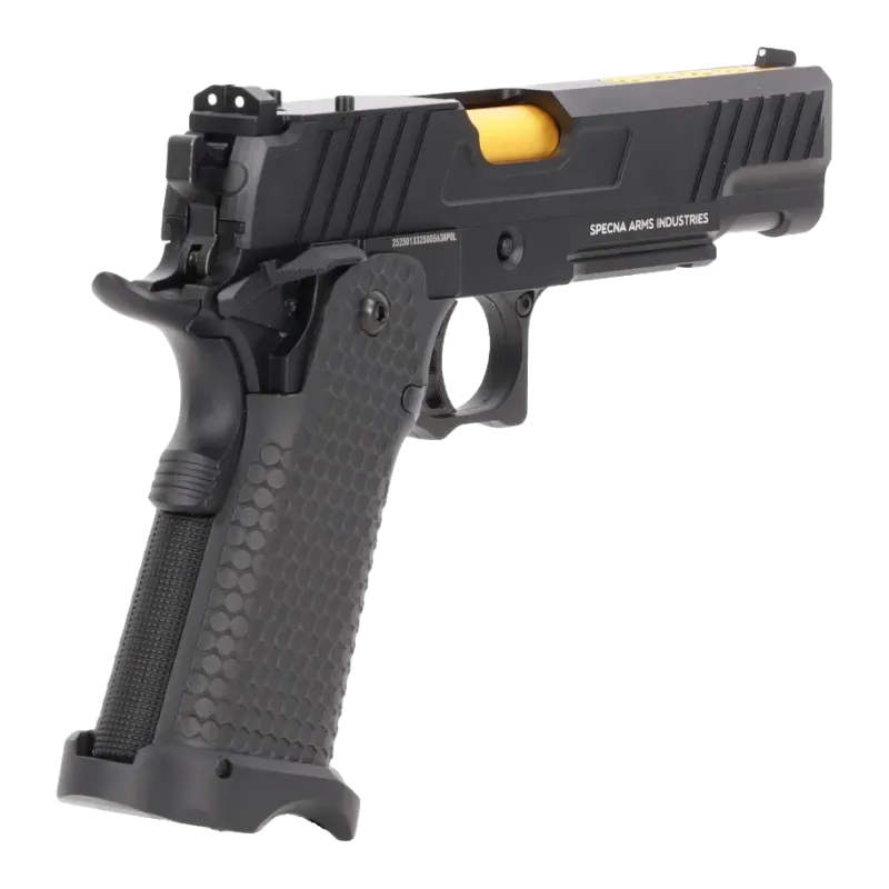 Pistolet GBB Specna Arms SA-VGP19 Vapor noir et or, trois-quarts arrière côté droit avec marquage Specna Arms Industries
