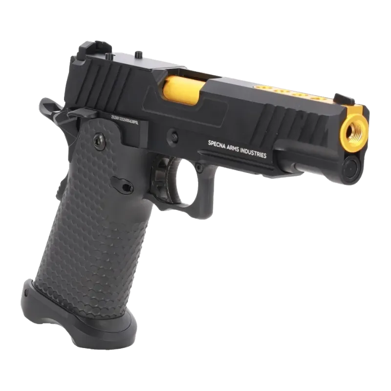 Pistolet GBB Specna Arms SA-VGP19 Vapor, détail du canon doré fileté et de la culasse, côté droit