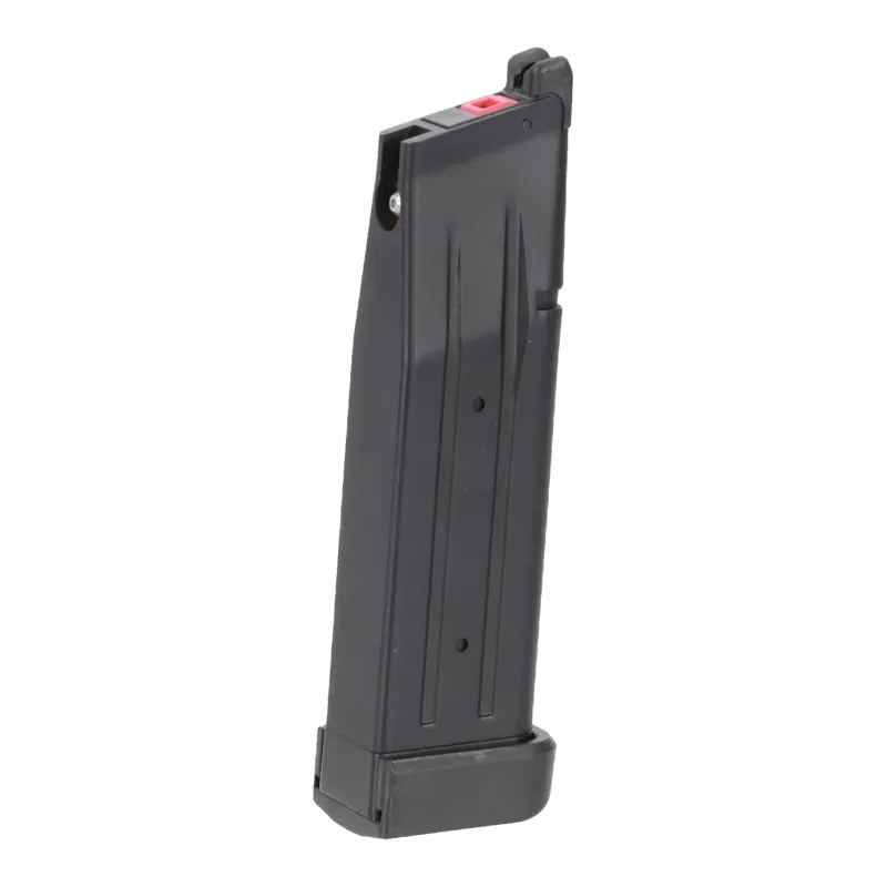 Chargeur CO2 Specna Arms Vapor noir, vue de l'autre côté avec valve de remplissage et talon agrandi