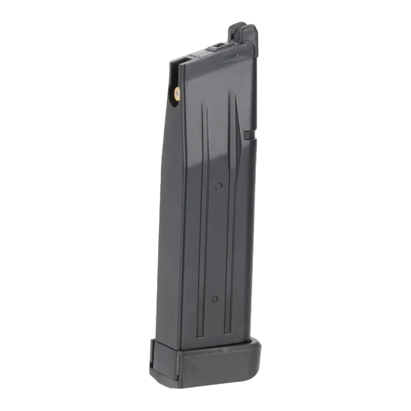 Chargeur gaz Specna Arms Vapor noir, vue de l'autre côté avec valve de remplissage et talon agrandi