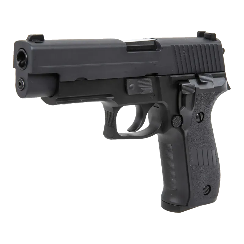 Pistolet GBB WE F226 avec rail noir, vue trois-quarts avant gauche