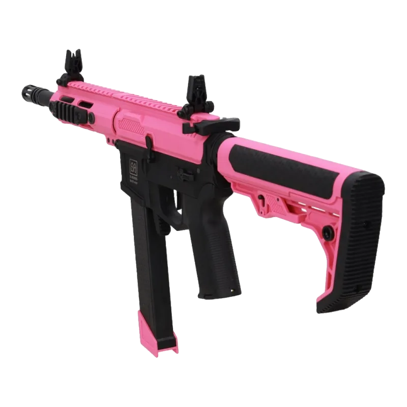 Specna Arms SA-FX01 Flex HAL G2 rose, vue de trois quarts avant, crosse et chargeur