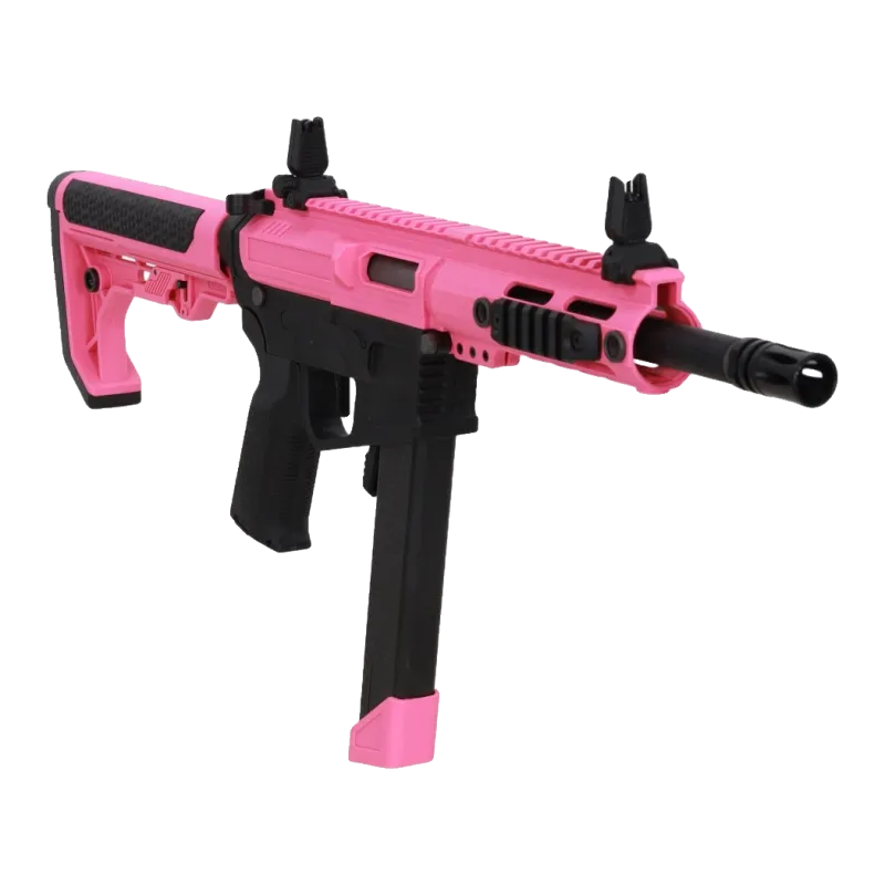 Specna Arms SA-FX01 Flex HAL G2 rose, vue de trois quarts avec canon et cache-flamme