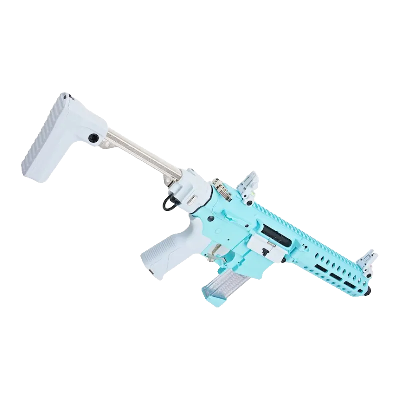 Réplique AEG G&G FAR 9 Macaron Blue, vue arrière avec crosse CHFS pliante dépliée