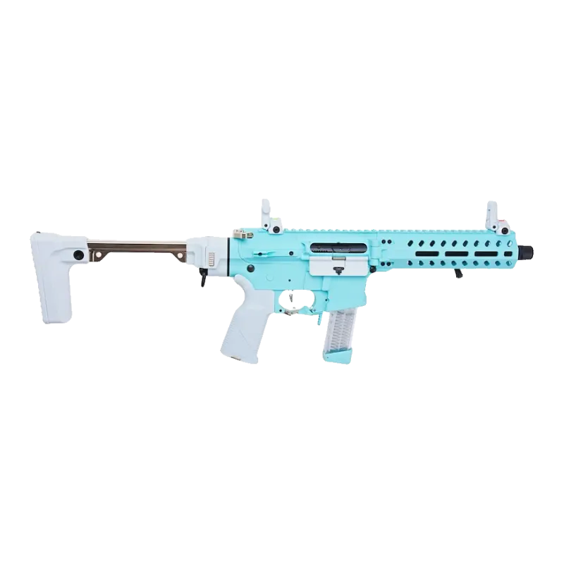 Réplique AEG G&G FAR 9 Macaron Blue, vue de profil gauche, crosse dépliée