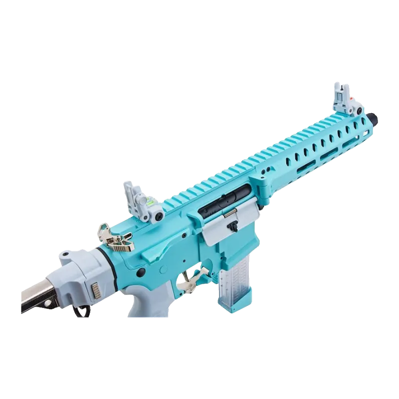 Réplique AEG G&G FAR 9 Macaron Blue, vue plongeante sur la carcasse et le chargeur 68 billes