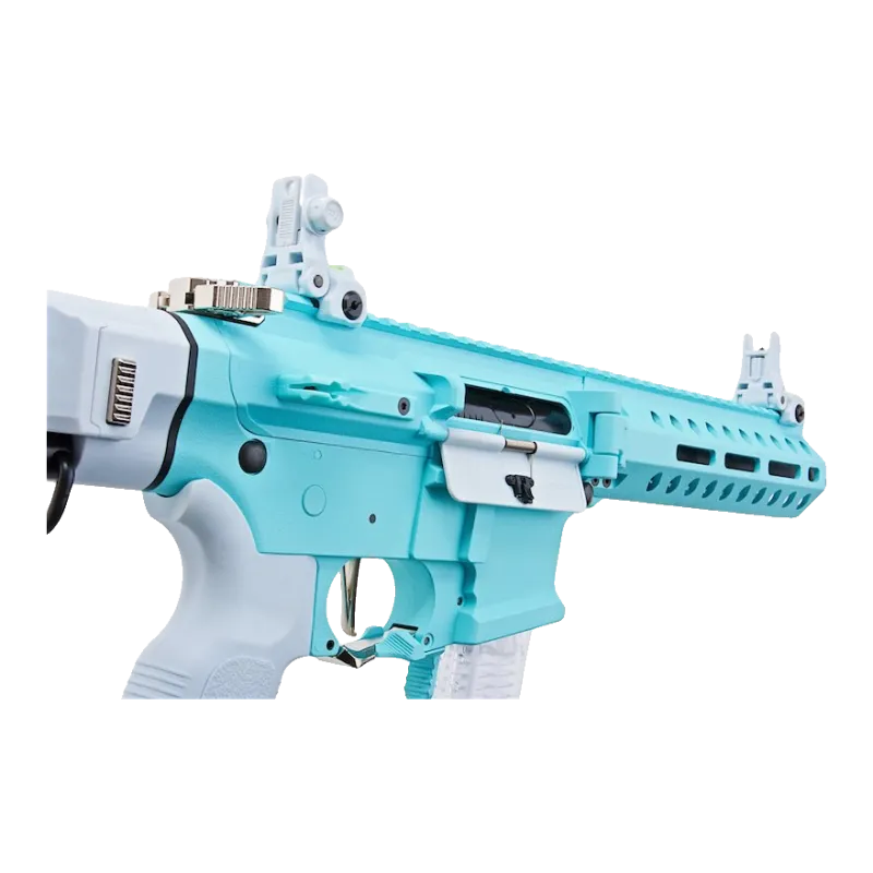 Carcasse de la G&G FAR 9 Macaron Blue, gros plan sur la détente, le sélecteur et le chargeur