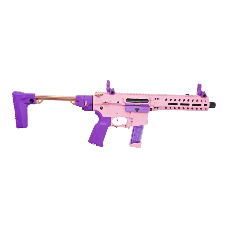 Réplique AEG G&G FAR 9 Rose, vue de profil droit avec crosse CHFS pliante dépliée