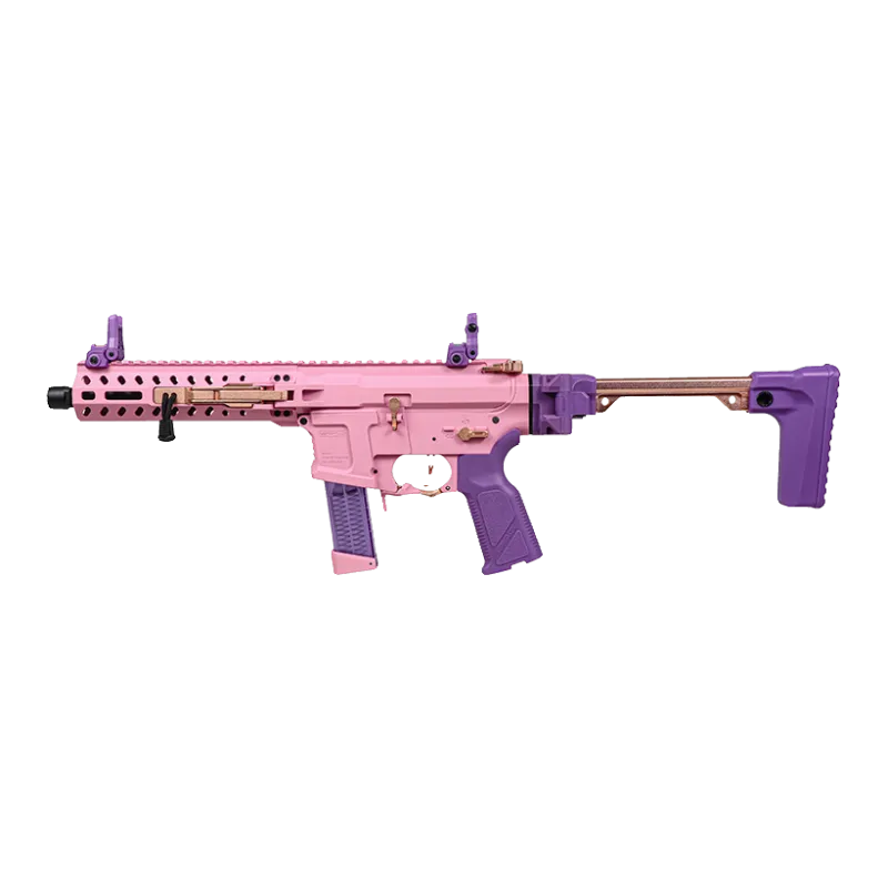 Réplique AEG G&G FAR 9 Rose, vue de profil, crosse violette dépliée, canon orienté vers la gauche