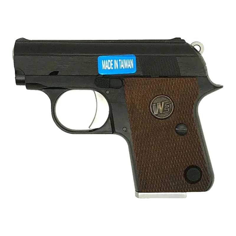 Pistolet GBB WE CT25 noir, vue de profil sur fond blanc, canon à gauche, plaquettes marron logo WE