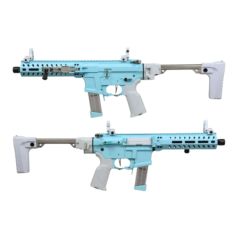 G&G FAR 9 Macaron Blue crosse dépliée, vues des côtés gauche et droit, chargeur 68 billes