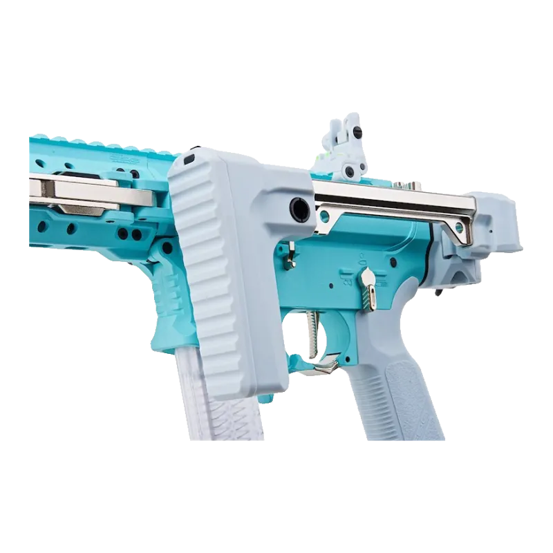 G&G FAR 9 Macaron Blue, crosse pliante rabattue sur la carcasse et rail de repliage chromé