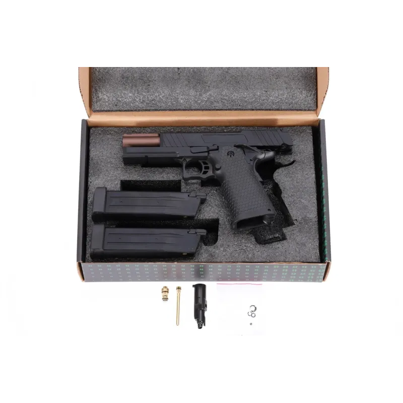 Contenu de la boîte du Specna Arms SA-VGP18 Vapor : pistolet, 2 chargeurs, buse, valves et joints de rechange