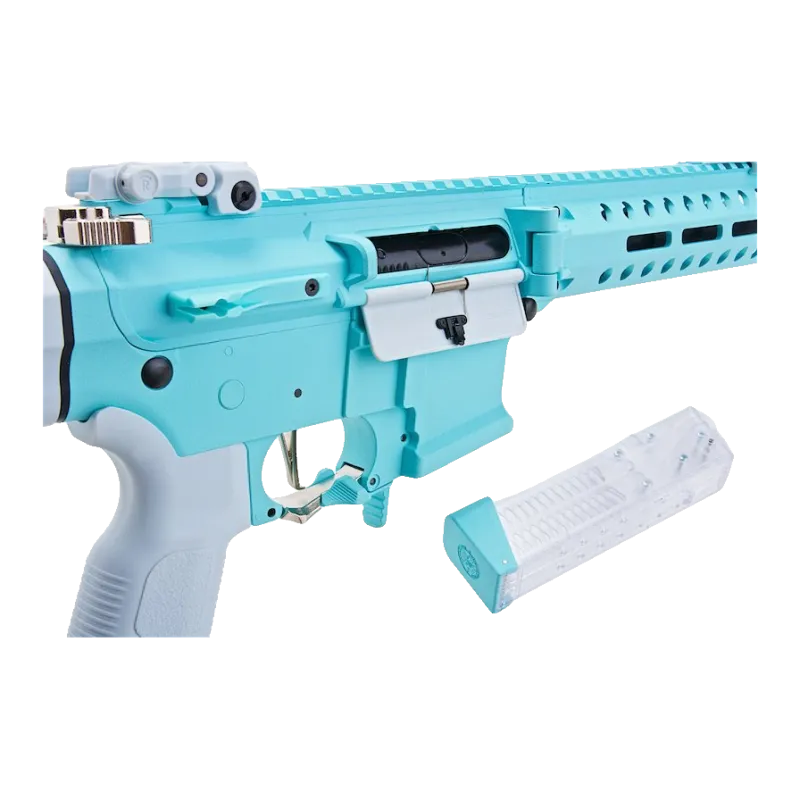 G&G FAR 9 Macaron Blue, fenêtre d'éjection, volet de poussière et chargeur 68 billes transparent