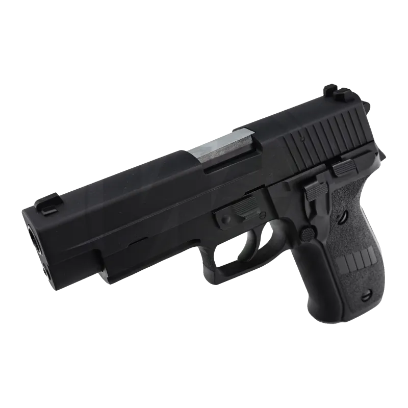 Pistolet GBB WE F226 rail noir, vue de face avec bouche du canon et rail