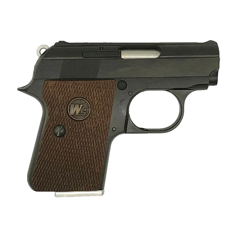 Pistolet GBB WE CT25 noir, vue de profil, canon à droite, plaquette marron logo WE, détente argentée