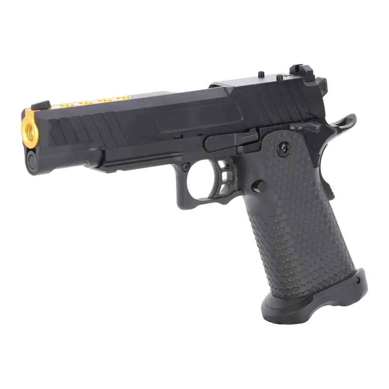 Pistolet GBB Specna Arms SA-VGP19 Vapor noir et or, vue trois-quarts avant gauche avec canon doré fileté