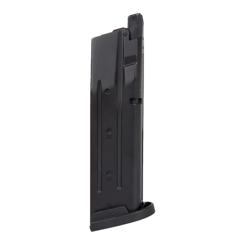 WE - Chargeur gaz type M18 noir pour WE F17 / F18 V2, vue de profil avec talon