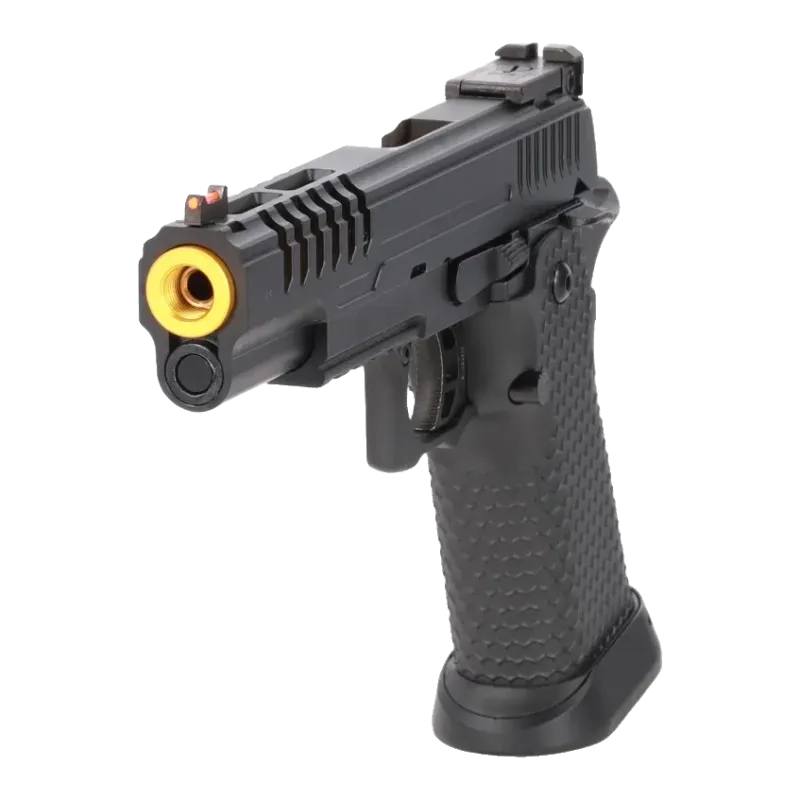 Pistolet GBB Specna Arms SA-VGP25 Vapor, vue de face en plongée avec canon doré fileté et évents de culasse