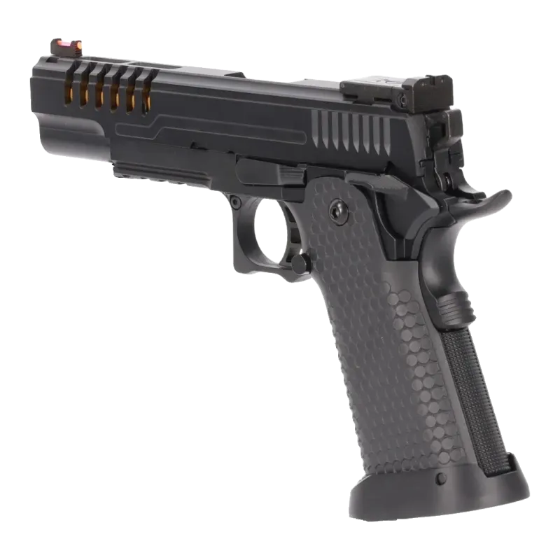 Pistolet GBB Specna Arms SA-VGP25 Vapor noir et or, vue arrière gauche avec poignée alvéolée et hausse