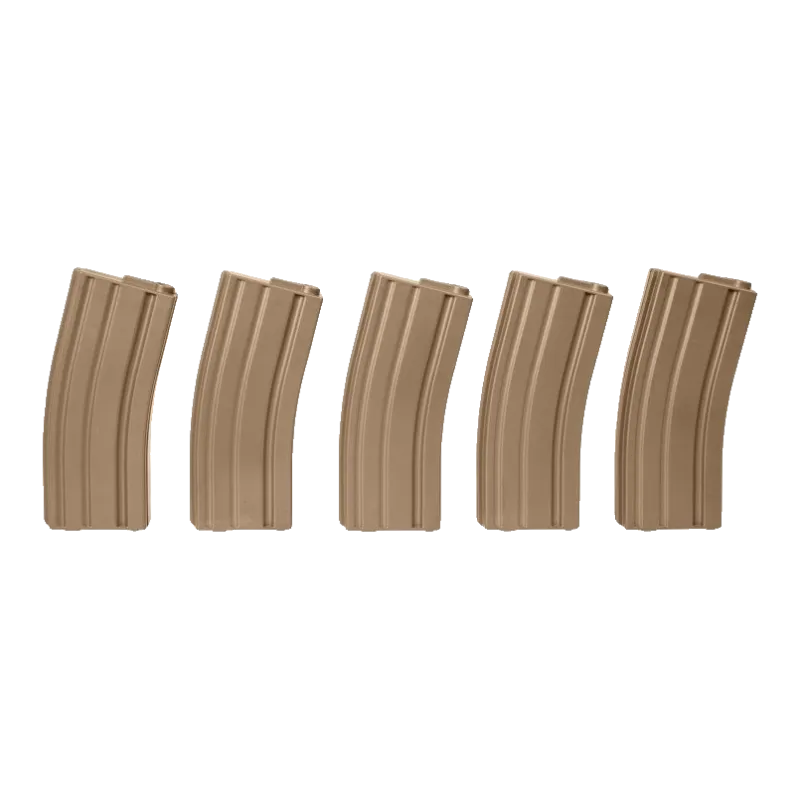 Lot de 5 chargeurs mid-cap M4 Specna Arms tan, vue de profil, autre angle
