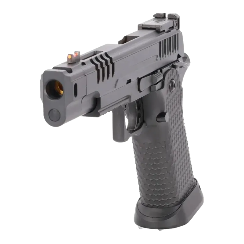Pistolet GBB Specna Arms SA-VGP23 Vapor noir et or, vue de face du compensateur et de la bouche du canon