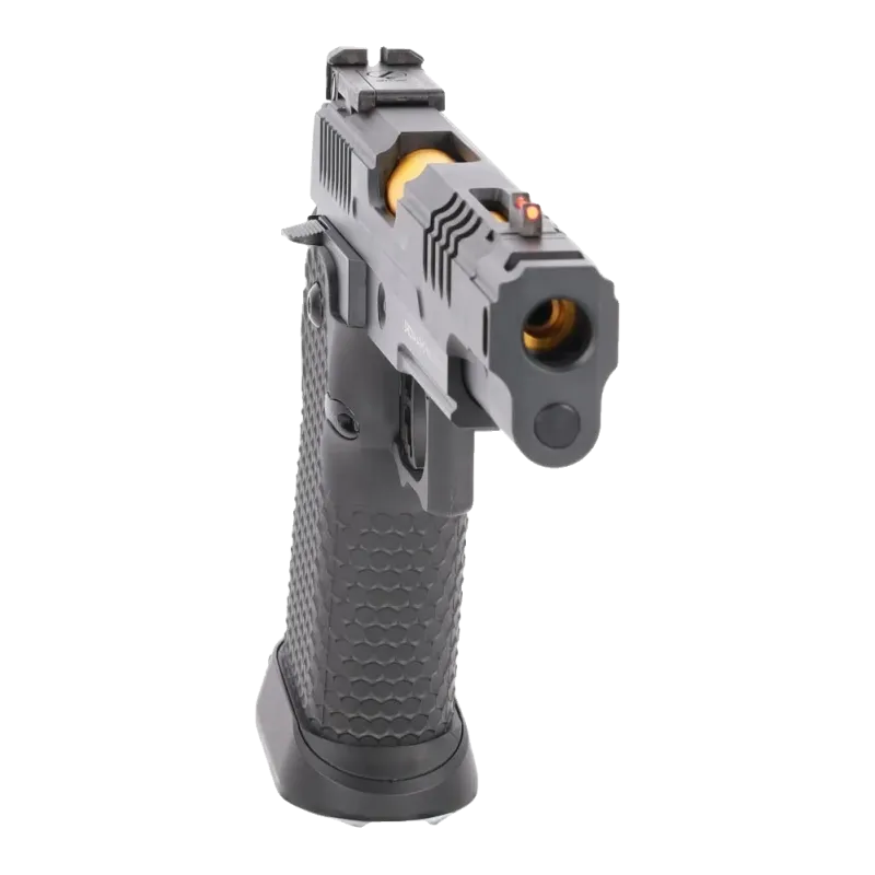 Pistolet GBB Specna Arms SA-VGP23 Vapor noir et or, vue de face en plongée, canon doré dans le compensateur