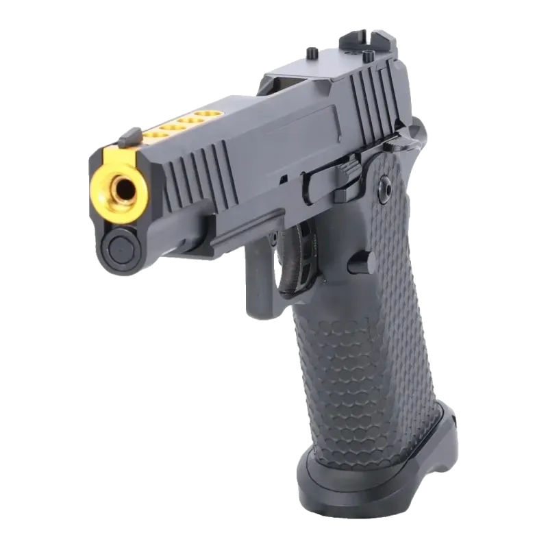 Pistolet GBB Specna Arms SA-VGP19 Vapor noir et or, vue avant basse sur le canon doré fileté et la poignée