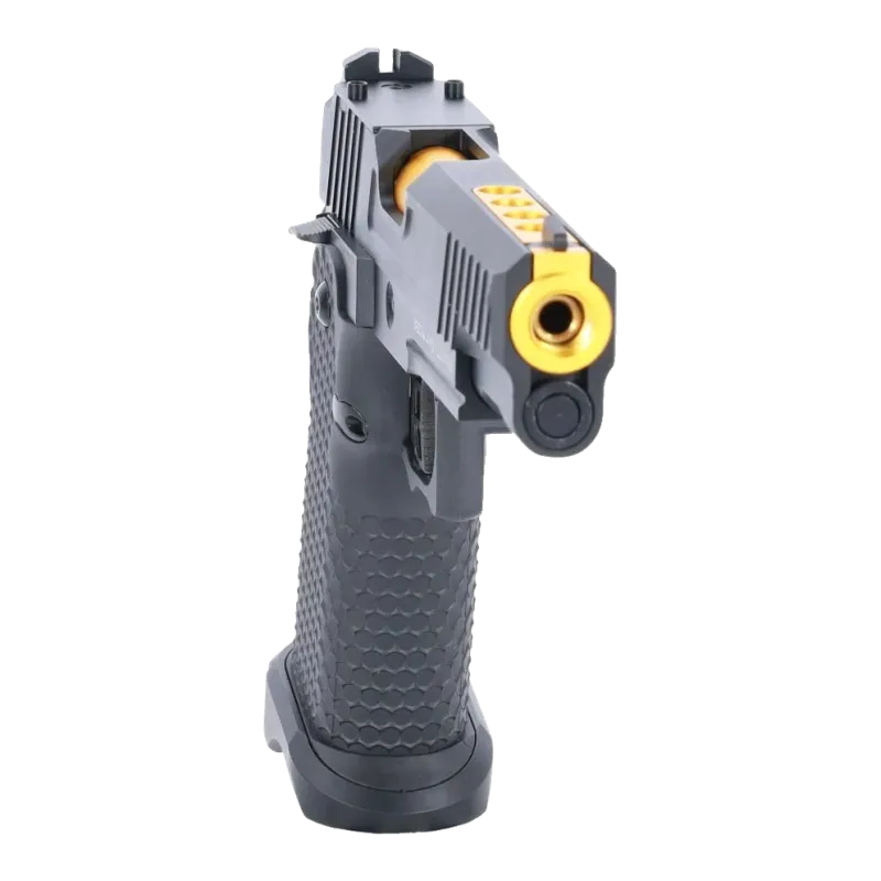 Pistolet GBB Specna Arms SA-VGP19 Vapor, vue de face du canon doré fileté et de la culasse