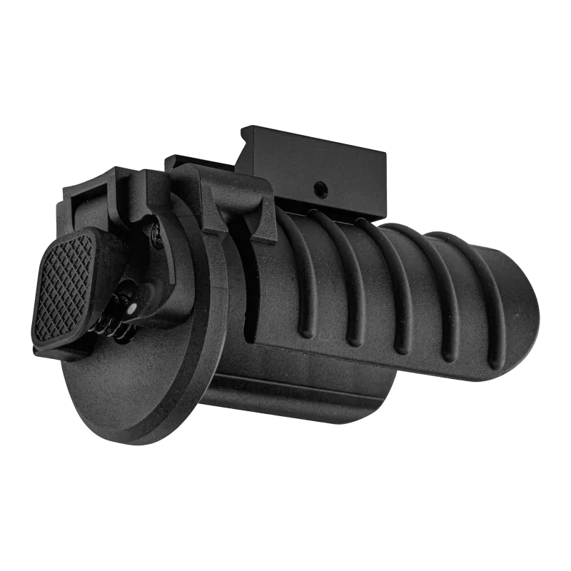 Lance-grenade 40 mm Action Army noir vu en perspective avec bouton de tir quadrillé et embase rail
