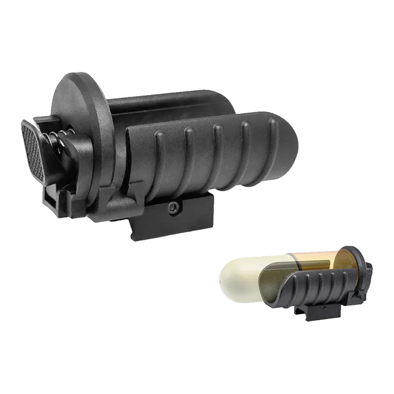 Lance-grenade Action Army noir ouvert avec une grenade 40 mm de face, vue d'ensemble du berceau et du rail