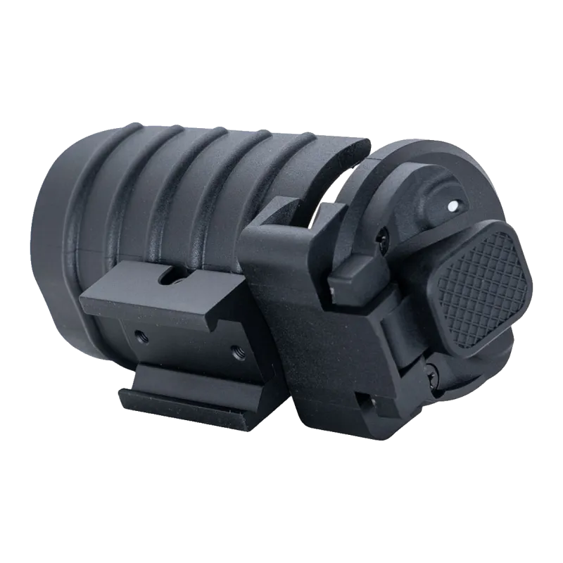 Lance-grenade Action Army noir en vue trois quarts arrière avec embase rail, loquet et bouton de tir