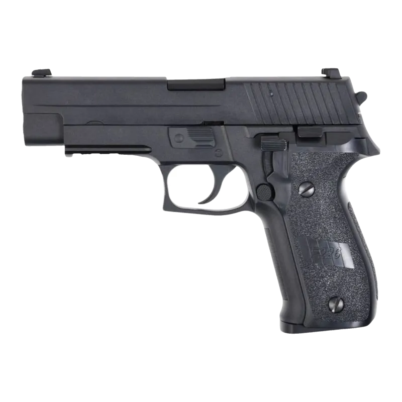 Pistolet gaz WE F226 noir avec rail, vue de profil gauche sur fond transparent, culasse métal et crosse quadrillée